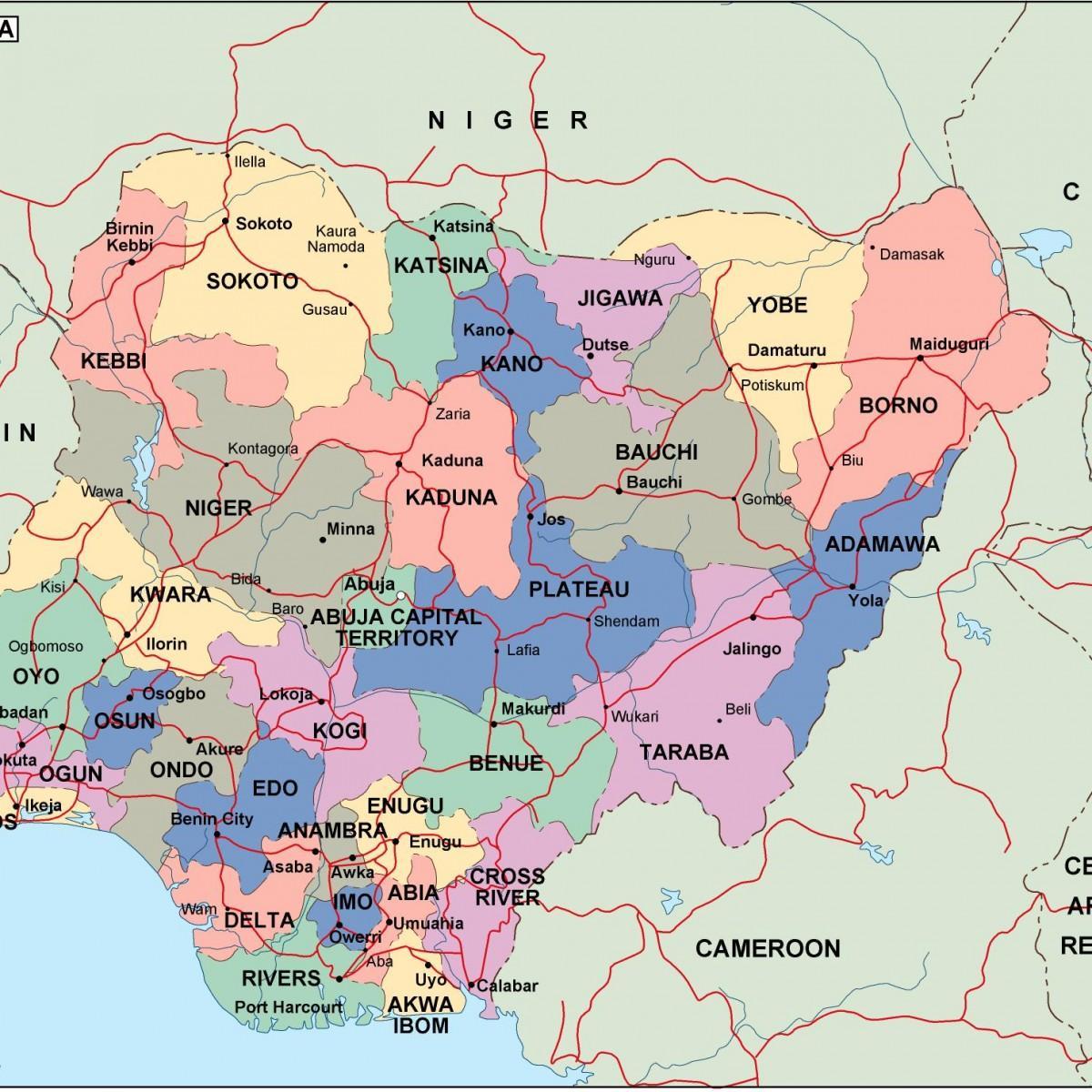 Χάρτης της νιγηρίας με τα κράτη και τις πόλεις