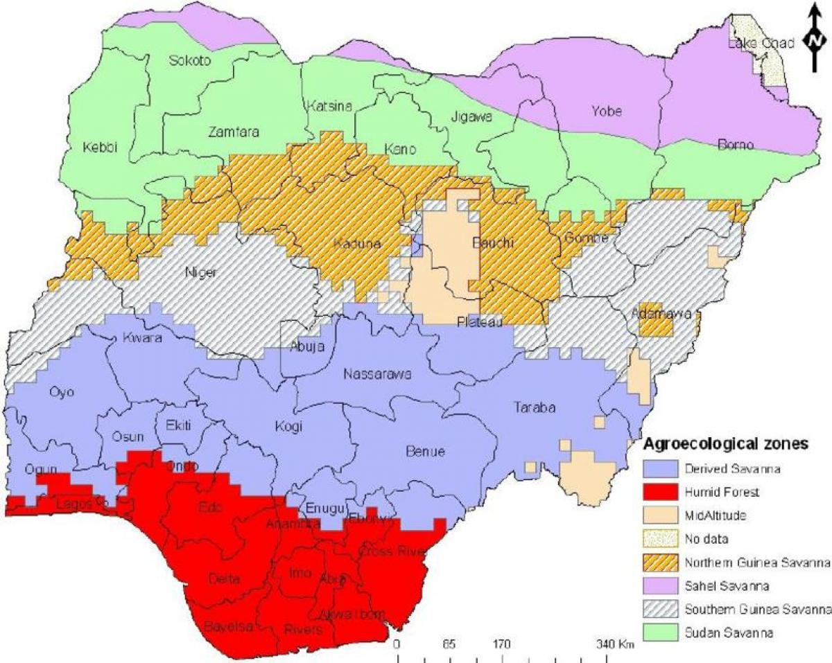 σχεδιάστε το χάρτη της νιγηρίας, που δείχνει τις ζώνες βλάστησης
