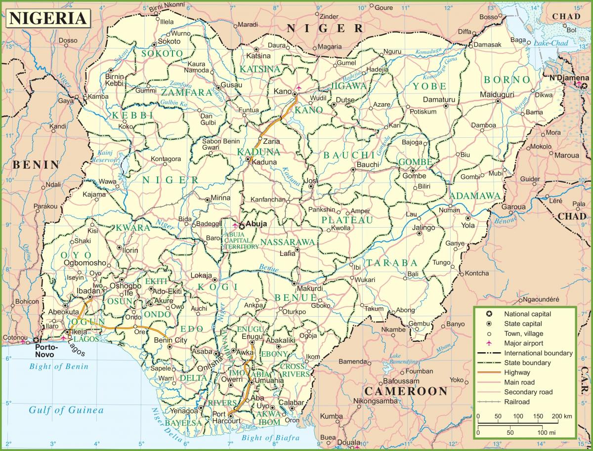 χάρτης της νιγηρίας, δείχνει μεγάλους δρόμους